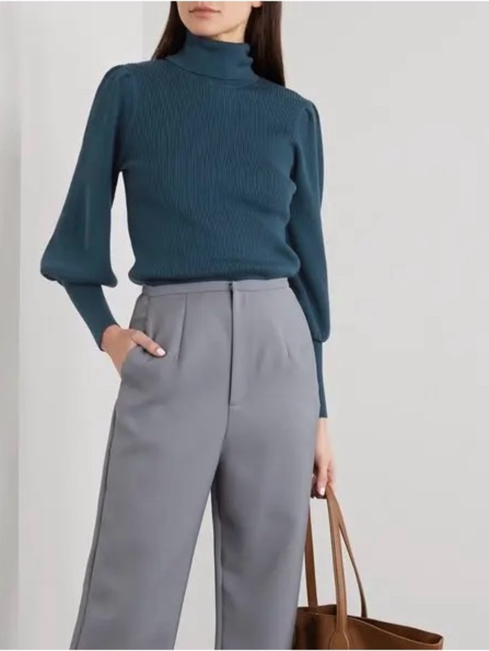 Cefinn Eva Sweater Turtleneck Size Medium Blue Ribbed Quiet Luxury Minimalist